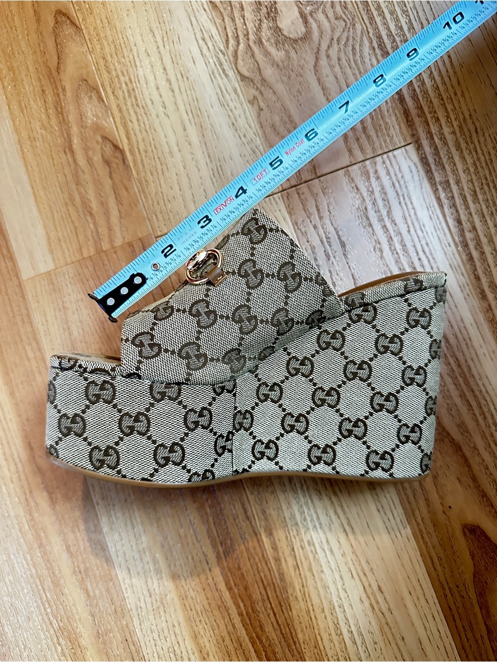 Gucci Beige Monogram Platform Mules with Gold Horsebit - Picture 9 of 9